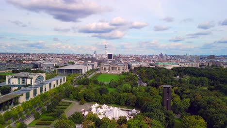 Amazing-aerial-view-flight-panorama-overview-drone
of-Reichstag-from-Tiergarten-in-Government-district-Berlin-Germany-at-summer-day-2022