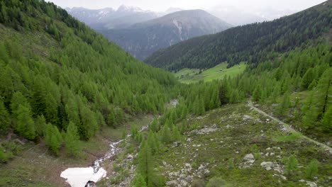 Aerial-drone-footage-slowly-moving-through-a-mountain-and-forest-landscape-with-slopes-covered-in-larch-and-spruce-trees-with-patches-of-snow-in-Switzerland