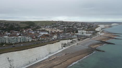 White-cliffs-aerial-view-of-English-seaside-town-of-Rottingdean,-UK
