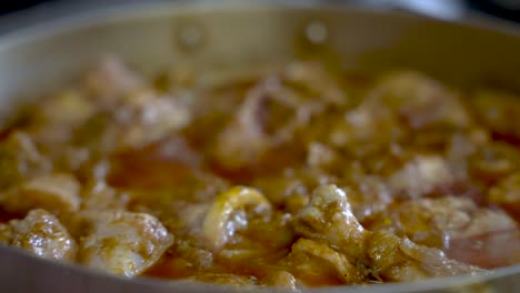Nahaufnahme-Von-Kochendem-Hühnchen-Curry-Mit-Sprudelnder-Curry-Sauce.-Zeitlupe