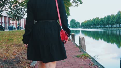 Frauentorso-In-Sexy-Kleid,-Das-Mit-Gürtel-Aufflackert,-Rote-Damentasche,-Spaziergang-Am-Kai