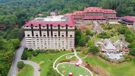 4K-Drone-Video-of-Convention-Center,-Spa-and-Golf-Course-at-Historic-Grove-Park-Inn-in-Asheville,-NC-on-Sunny-Summer-Day