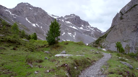 Drohnenaufnahmen-Aus-Der-Luft,-Die-Entlang-Eines-Abgelegenen-Bergpfades-In-Einer-Eiszeitlichen-Berglandschaft-Mit-Schneeflecken-Und-Vereinzelten-Bäumen-Auf-Einer-Alpinen-Wiese-In-Der-Schweiz-Fliegen