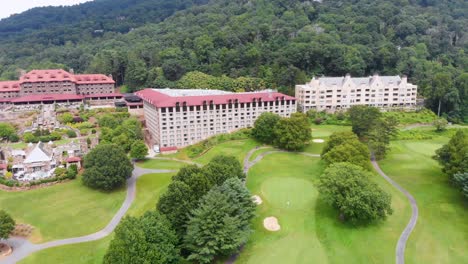 4K-Drone-Video-of-Convention-Center-and-Golf-Course-at-Grove-Park-Inn-in-Asheville,-NC-on-Sunny-Summer-Day