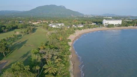 Aerial-drone-shot-of-Playa-Dorada,-Puerto-Plata,-Dominican-Republic