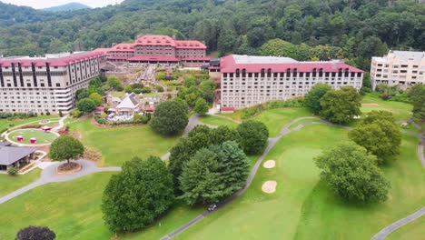 4K-Drone-Video-of-Convention-Center,-Spa-and-Golf-Course-at-Historic-Grove-Park-Inn-in-Asheville,-NC-on-Sunny-Summer-Day-4