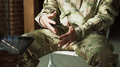 Psychological-and-mental-support-by-a-psychologist-to-a-military-soldier,-mental-health-check-up-concept
