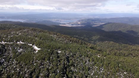 Luftlandschaftsansicht-Des-Oncol-Parks-In-Chile-Mit-Schnee-Auf-Den-Baumspitzen