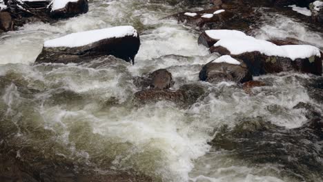 Slow-motion-river-flowing-off-Lost-Lake-in-the-Rocky-Mountains-of-Colorado,-medium-shot