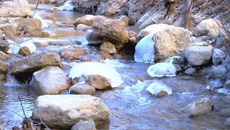 Ein-Kalter-Fluss-Im-Winter-Mit-Eis-Auf-Den-Felsen