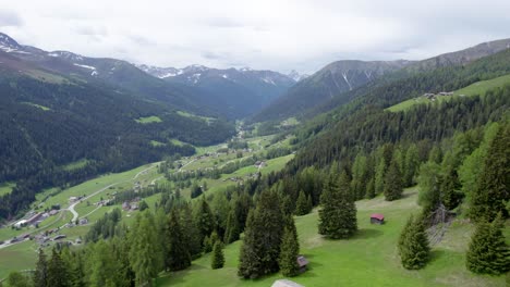 Aerial-drone-footage-flying-high-above-an-alpine-meadow-in-flower-in-spring-with-a-Swiss-alpine-log-cabin,-a-forest-of-green-conifer-trees,-mountains-and-village-in-the-background