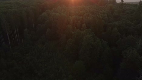 Aerial-drone-footage-slowly-revealing-a-beautiful-sunset-over-a-forest-with-hills-in-the-background