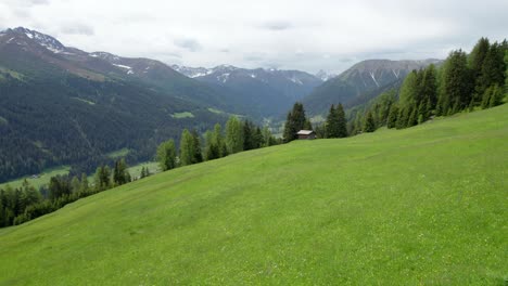 Aerial-drone-footage-reversing-over-an-alpine-meadow-in-spring-in-full-flower-with-a-Swiss-alpine-log-cabin-and-a-forest-of-green-conifer-trees-and-mountains-in-the-background