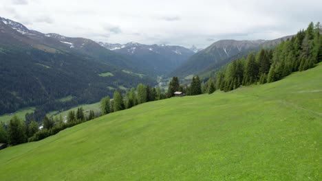 Aerial-drone-footage-flying-over-an-alpine-meadow-in-spring-in-full-flower-with-a-swiss-alpine-log-cabin-and-a-forest-of-green-conifer-trees-and-mountains-in-the-background-in-Davos,-Switzerland