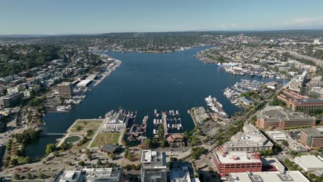 Establishing-aerial-view-of-Seattle's-Lake-Union-on-a-bright-sunny-day