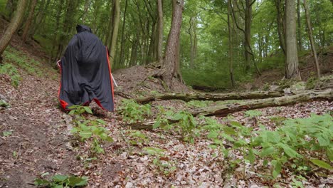 Man-with-black-cloak-and-scythe-walking-in-the-woods-with-a-mask-an-animal-skull