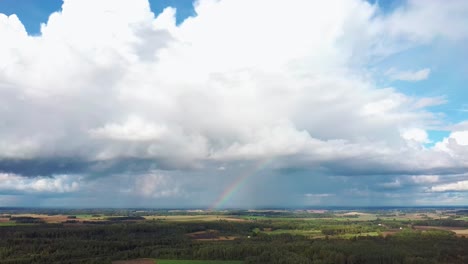 Der-Regenbogen-über-Dem-Erntefeld-Mit-Blühendem-Weizen,-Im-Frühling,-Luftaufnahme-Unter-Schweren-Wolken-Vor-Gewitter-5