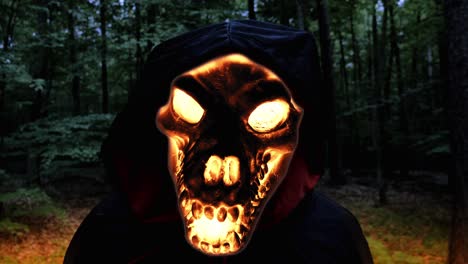 Close-up-View-Of-Grim-Reaper-Skull-Face-On-Fire-In-The-Forest