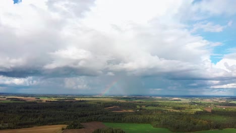 The-Rainbow-Over-the-Crop-Field-With-Blooming-Wheat,-During-Spring,-Aerial-View-Under-Heavy-Clouds-Before-Thunderstorm-4