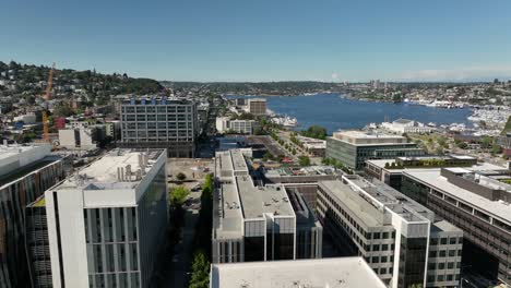 Aerial-shot-passing-over-corporate-business-buildings-in-the-South-Lake-Union-neighborhood-of-Seattle