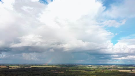 The-Rainbow-Over-the-Crop-Field-With-Blooming-Wheat,-During-Spring,-Aerial-View-Under-Heavy-Clouds-Before-Thunderstorm-3