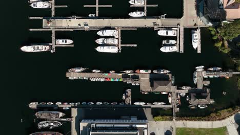 Aerial-of-docks-at-The-Center-for-Wooden-Boats-in-Seattle,-Washington
