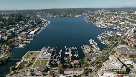 High-up-aerial-view-of-Lake-Union-with-all-of-Seattle's-busy-shoreline-surrounding-it