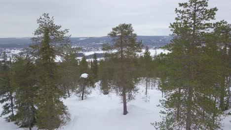 Winter-views-from-Ounasvaara-hill-at-Rovaniemi,-Drone-flying-backwards-and-slightly-down