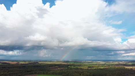 The-Rainbow-Over-the-Crop-Field-With-Blooming-Wheat,-During-Spring,-Aerial-View-Under-Heavy-Clouds-Before-Thunderstorm