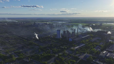 Chimney-And-Cooling-Towers-Of-Industrial-Plant-Of-SC-Electrocentrale-Galati-And-Eco-Metal-Recycling-SRL-Emitting-Polluted-Smoke-In-The-Air