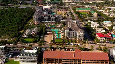 Flying-away-and-panning-up-view-of-The-Henderson-beach-resort-and-spa-in-Destin-FL