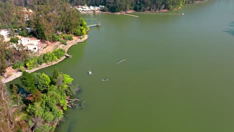 Aerial-view-dolly-in-of-a-group-of-rowing-teams-practicing-on-the-shores-of-a-lake,-sunny-day