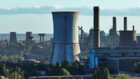 Cooling-Towers-And-Chimney-Of-Industrial-Factory-In-Galati,-Romania