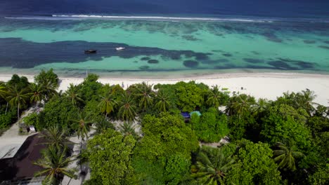 Aerial-view-of-tropical-coast-of-a-Maldivian-island-and-its-turquoise-sea-water-behind-palm-trees-in-sunny-day