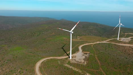 Aerial-orbiting-over-wind-turbines-structure-of-a-wind-farm-in-northern-Chile,-Latin-America
