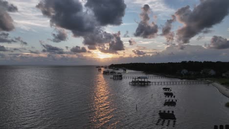 Aerial-pan-view-of-Mobile-Bay-in-Sunset
