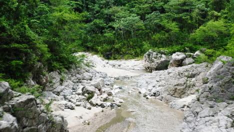 Sauberes-Und-Klares-Wasser,-Das-Tagsüber-Durch-Den-Nizao-Fluss-Mit-Grünem-Wald-Fließt
