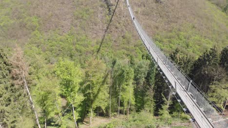 People-crossing-a-valley-through-Geierlay-suspension-rope-bridge-while-birds-fly-around