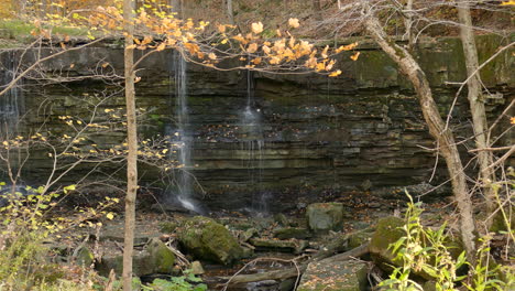 Peaceful-waterfall-flowing-behind-orange-autumn-leaves