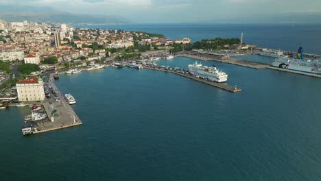Aerial-view-of-the-harbor-in-Split,-Croatia-and-the-Jadrolinija-ferry