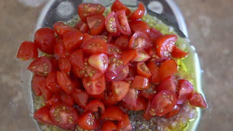 Tomatoes,-peppers,-shallots-and-spices-to-mix-in-to-a-chopped-salad---overhead-view-ANTIPASTO-SALAD-SERIES