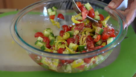 Mischen-Von-Dressing-In-Tomaten,-Pepperoncini,-Gurken-Und-Schalotten-Für-Einen-Gehackten-Salat---Antipasti-Salat-Serie