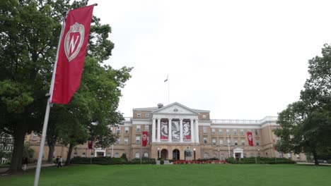 Bascom-Hall-on-the-campus-of-the-University-of-Wisconsin-in-Madison,-Wisconsin-with-gimbal-video-walking-sideways