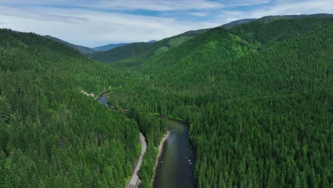 Aerial-View-Of-Creek-And-Mountain-Road-Through-Dense-Pine-Forest-In-Lolo,-Missoula,-Montana
