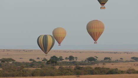 Four-hot-air-balloons-drifting-over-the-landscape-in-the-Masai-Mara,-Kenya