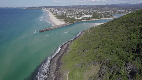 Flyover-Burleigh-Heads-On-The-Gold-Coast-With-Pristine-Tallebudgera-Creek-In-QLD,-Australia