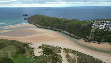 An-aerial-view-of-Crantock-Beach,-on-the-north-coast-of-Cornwall,-England