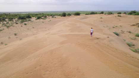 Aerial-View-Of-Woman-Walking-Across-Desert-Landscape