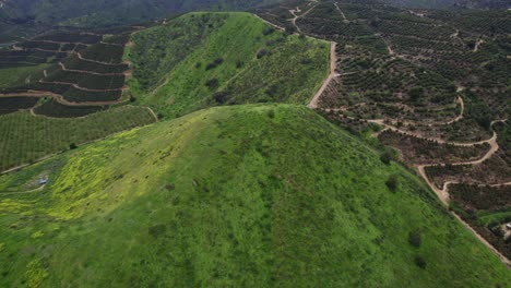 Malerischer-Blick-Auf-Die-Grünen-Berge-Mit-Terrassenförmig-Angelegten-Feldern-Und-Plantagen-In-Der-Nähe-Von-Pomaire,-Santiago-De-Chile