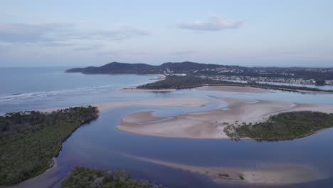Aerial-Of-River-Noosa-Estuary-And-Lagoon-At-Sunset,-Queensland,-Australia---drone-shot